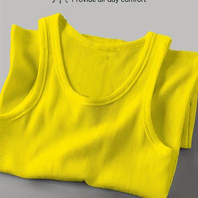 TEMU Men' Color Crew Neck Tank Top, 95% Polyester 5% Spandex, Medium Stretch Knit Fabric, Sleeveless, Running Wear, Skinny Fit, 200gsm - Yellow Image