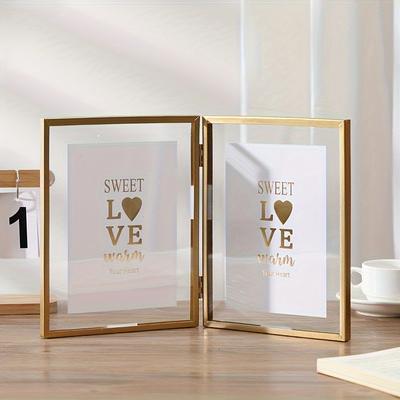 TEMU [home Relaxation] Foldable Metal Duplex Photo Frame - Elegant Golden And Black Acrylic, Transparent Rectangular Display, Ideal For Home Decor And Holiday Gifts Image