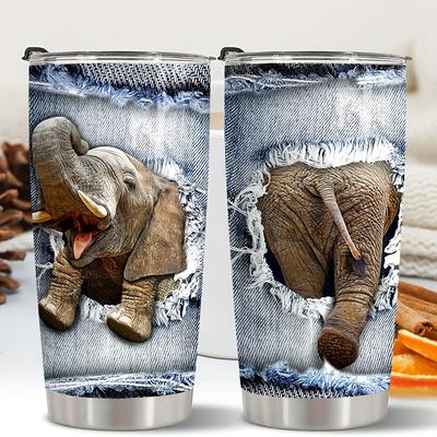 TEMU 20oz Stainless Steel Insulated Elephant Tumbler - Realistic 3d , & Spill-proof Lid, Perfect Gift For , Ideal For Birthdays & Christmas, Elephant Decor Image