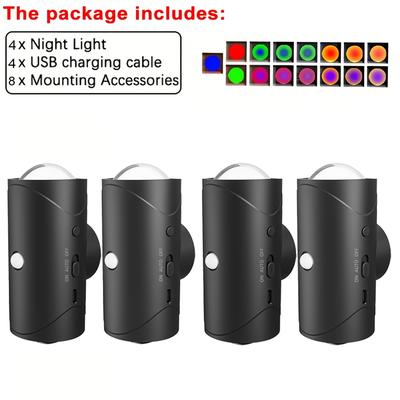 TEMU 4pcs Rechargeable Motion Sensor Smart Light, Rgb Gradient Ambient Night Light, Indoor Adjustable Magnetic Wall Light, Battery, Non-waterproof, For Entryway, Bedside, Desk, Closet And Many Image