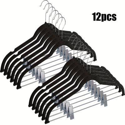 TEMU 12pcs Of Black Velvet Hangers With Adjustable Clips, Space-saving Heavy-duty Pant Hangers For Non-slip Pants And Skirt Clips. Image