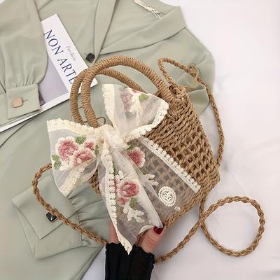 TEMU Elegant Floral Bow Straw Handbag - Bohemian Beach And Crossbody Bag For Women, Woven Paper, Drawstring Closure, Polyester , Khaki/ivory Image