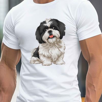 TEMU Shih Tzu Illustration Print, Men's Round Crew Neck Short Sleeve Tee, Casual T-shirtcasual Comfy Lightweight Top For Summer Image