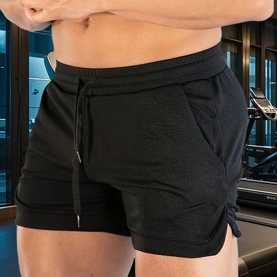 TEMU Men' Color Black Casual Shorts With Drawstring Waist, Breathable Polyester Fabric, Regular Fit, Side Pockets For Gym & Casual Attir Image