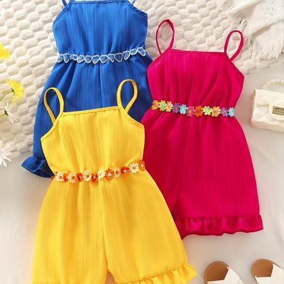 TEMU -piece Set Of Girls' Sleeveless Jumpsuits Featuring Floral And Heart Embroidery, With , Outdoor Casual Vacation Styles. Image