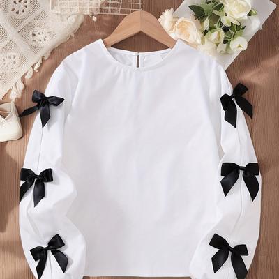 TEMU Chic Bow Decor Long Sleeve Blouse For Tweens, Loose Fit Round Neck, Solid Color - Ideal For Spring/summer/fall Image