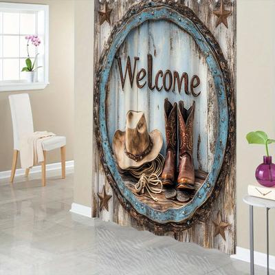 "TEMU 1pc Western Cowboy Boots Shower Curtain With Rustic "welcome" Sign, Leather Hat, And Distressed Wooden Panels, 12 Hooks, 70.8x70.8 Inches Bathroom Décor" Image