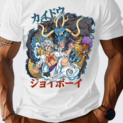TEMU Men's Casual Cotton T-shirt With Anime Dragon& Warrior Print- Short Sleeve, Round Neck, Summer& Spring Top, , Sporty New Look, Casual Wear Tee| Anime Warrior Design| , Dragon Shirt Image