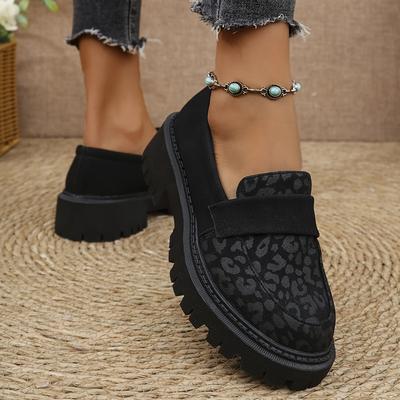 TEMU Women's Slip-on Loafers With Chunky Sole - Retro Shoes In Black Pu Cover, Comfortable Rubber Sole & Breathable Fabric Lining For Work, Casual, Casual Attire - Versatile Footwear Image