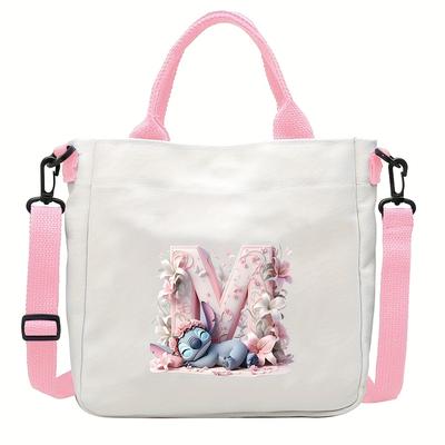 TEMU Stitch Floral A-z Alphabet Design Women's Tote Bag, Casual, White, Polyester, Geometric Pattern, Cartoon Theme, Closure, Hand Wash Or Professional , With Messenger Bag, For Image