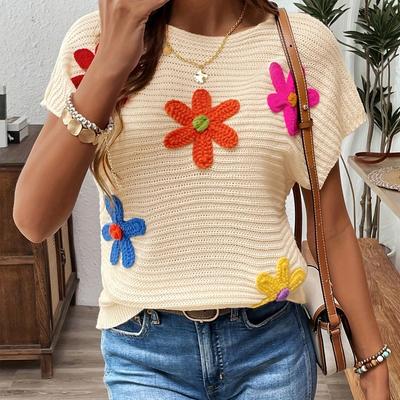 TEMU Women's 3d Floral Sweater Top - Colorful Summer Casual Elegant Shirt With Viscose Blend, Medium Stretch & Lightweight 303gsm Fabric, Round Neck For Wear Image