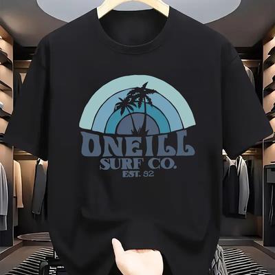 "TEMU Men's Casual Palm Tree Graphic Tee - Light Blue, Breathable Polyester, Round Neck Short Sleeve T-shirt With " . Est 1963" Print, Ideal For , Beach T Shirt" Image