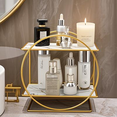 TEMU Elegant Golden Double-tier Organizer - Luxurious Countertop Cosmetic And Skincare Storage Rack With Two-tier Design For Bathroom Vanity, Ideal For Home Decor And Organization, Vanity Accessories Image
