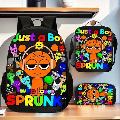 TEMU Sprunki 3pcs Pattern Backpack Set, Includes Large Capacity Casual Double Shoulder Backpack, Pencil Bag And Lunch Box, Hand Washable, Zipper Closure, Random Image
