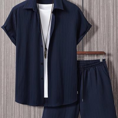 TEMU Plus Size Men' Color Multicolor Short Sleeve Shirt And Shorts Textured Casual Suit, Plus Size Image