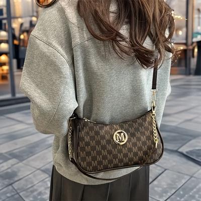 TEMU 1pc 2025 New Women's Crescent Crossbody Bag - Stylish Letter Print Shoulder Bag, Minimalist Grid Pattern, Zipper Closure, Coffee/white/pink/black For Casual & Formal Occasions Image