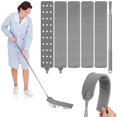 TEMU Extendable Dust Cleaning Artifact, Retractable Dust Cleaner Duster Flat Dust Cleaner With Stainless Steel Telescopic Rod And 4 Washable Cloths For Under Sofa Cabinets Bed Image