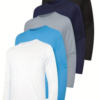 TEMU 5pcs Men's Quick-dry Long Sleeve Athletic Shirts In Assorted Colors - Breathable, Moisture-wicking, Durable Polyester For Running, Gym, And Outdoor Sports Image