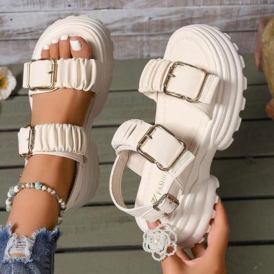 TEMU Of Women's Summer Sports Sandals, Solid Color Fabric Upper, Synthetic Sole, Open Toe Thick Heel, Adjustable Strap, Casual Image