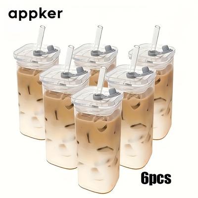 TEMU 4/6pcs, Square Cylindrical Glass With Lid And Straw, Glass Travel Mug, - , Reusable, Heat-resistant, Suitable For All Kinds Of Drinks - No Image