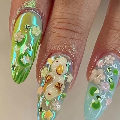 TEMU Handmade Reusable Full-coverage Nail Stickers For Women, 3d Glitter Flower And Leaf Design With Sparkling Aurora Effect Image