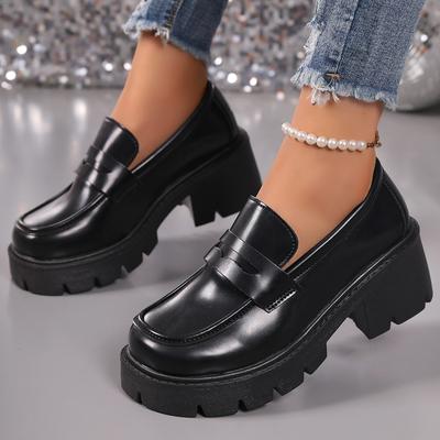 TEMU 1 Pair Women's Classic Loafers - Comfortable Round Toe Chunky Heel Platform Penny Shoes With , Fabric Lining And Insole, Upper, Solid Image