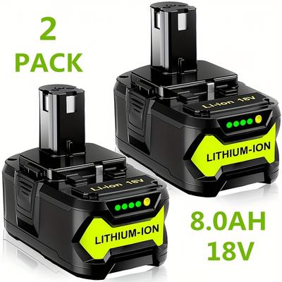 TEMU 2pcs 8.0ah Replacement Battery For Ryobi 18v P108 Li- Ryobi One+ Rb18l50 Rb18l40 Rb18l25 Bpl-1815 Bpl- Bpl18151 Bpl1820 P104 P105 P107 P108 Tools Battery With Led Display Image