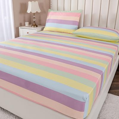 TEMU Vibrant Stripes Bedding Set - Soft Polyester, Machine Washable, Includes Sheet Set & Pillowcases, For Home Decor, Bedroom Essentials | Vibrant Striped Design | Durable Bedding Image
