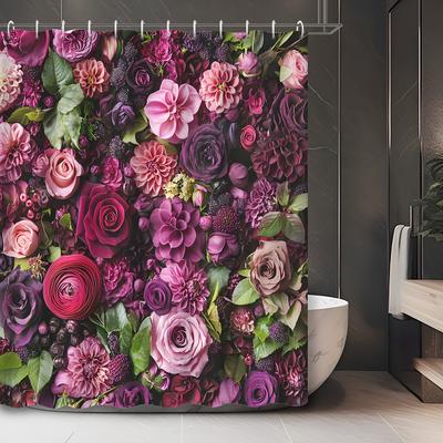 TEMU A Floral Shower Curtain With A Studded Top, Made From Durable Polyester Material, In Multiple Sizes, Easy To Care For, Includes Hooks, Machine Washable, Bathroom Decor, With 12 Hooks. Image