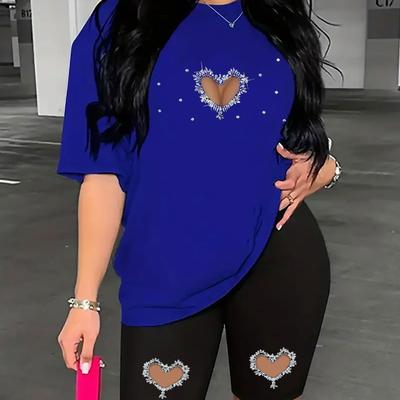 TEMU Women' Diamond Texture Love Print Two-piece Set, Short Sleeve T-shirt And Bike Shorts Two-piece Set, Casual Sports Spring And Summer Clothing, Women's Clothing Image