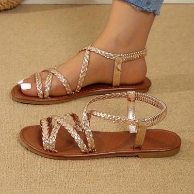 TEMU Women's Braided Flat Sandals - Rose Golden Elastic Strap Roman , Casual Open Toe Summer Sandals For Travel & Vacation, Ladies Sandals Image