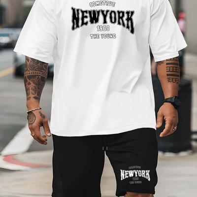 TEMU Graphic 2025 Men's Latest Trend Large Size Short-sleeved Shorts Suit Summer Fashion Print European And American Men's Casual Sports Bottoming Top Loose Short-sleeved Suit, Plus Size Image