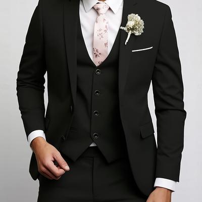 TEMU Men's Formal Wedding Suit Set - Elegant Black Double-breasted Jacket, White Shirt & Black Vest, Slim Fit, Polyester Blend, Weddings & Business Events, Wedding Clothes Image
