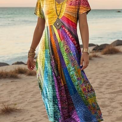 TEMU Women' Tie-dye Beach Dress - Vibrant Rainbow Print, Short Sleeve, V-neck, Polyester Maxi Dress For , Beach Attire|vibrant Print Dress|polyester Image