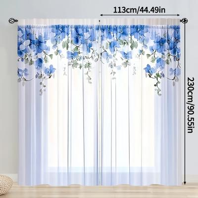 TEMU 2pcs Modern Blue Gradient Floral Curtains, 100% Polyester, Sheer Filtering Light, Elegant Design For Bedroom, Living Room, Study & Dining Room - Rod Not Included, Curtains For Living Room Image