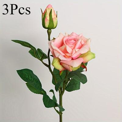 TEMU 3pcs Vintage Style Artificial Roses With Buds, Flower Arrangement For Diy Bouquets & Centerpieces, Valentine's Day, Day, Weddings, Decor, Artificial Outdoor Flowers Image