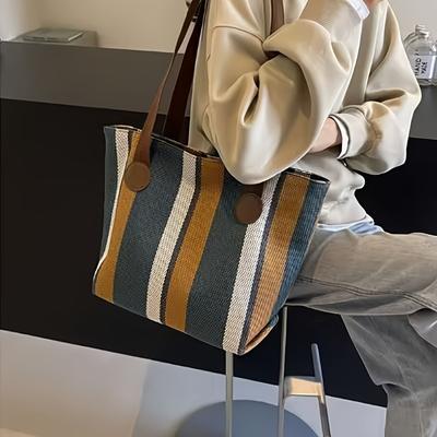 TEMU Women's Foldable Tote Bag - Large Capacity Striped Shoulder Bag With -like Handles & Zipper Closure, Beige/blue/black For Casual & Professional Use, Versatile Carryall Image