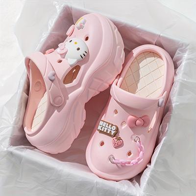 TEMU Hello Kitty Girls' Cute Cartoon Clogs With Charms - Lightweight, Breathable, Non-slip Eva Sandals For Indoor & Outdoor Play, Beach, Garden, And Everyday Fun, Pink, Beach Footwear | Image