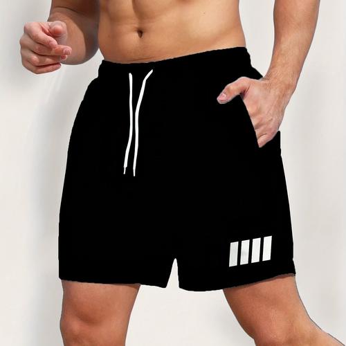 TEMU Shorts de Plage Homme Séchage Rapide - Cintre en Polyester 3D, Taille à Cordon, Lavables en Machine, Noir avec Rayures Blanches et Barres Verticales, Idéal pour Estivales