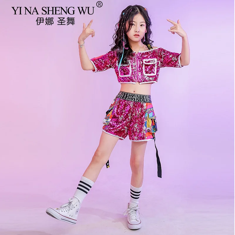 Mädchen Jazz Dance Kostüm Kinder Hip-Hop Street Dance Regal Trommel Performance Kleidung Rose Pailletten Tops Kurze Hosen Set