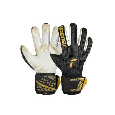 Torwarthandschuhe REUSCH "Attrakt Freegel Gold X GluePrint", Damen, Gr. 10, gold (schwarz, goldfarben), 50% Elastodien, 20% Polyester, 20% Polypropylen, 10% Polyamid, mehrfarbig, sportlich, Handschuhe, Finger Support mit Evolution Negative Cut Image