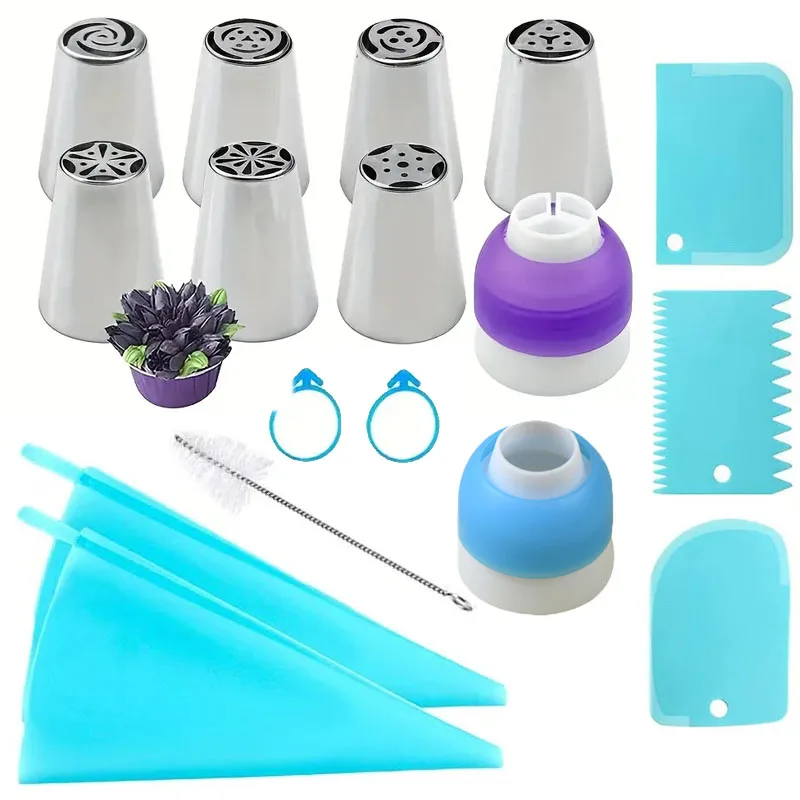 17-teiliges Set mit russischen Creme-Düsen, Rohrspitzen – 7 Blumendüsen, 2 TPU-Beutel und Werkzeuge – professionelles DIY-Kuchendekorations-Werkzeugset Image