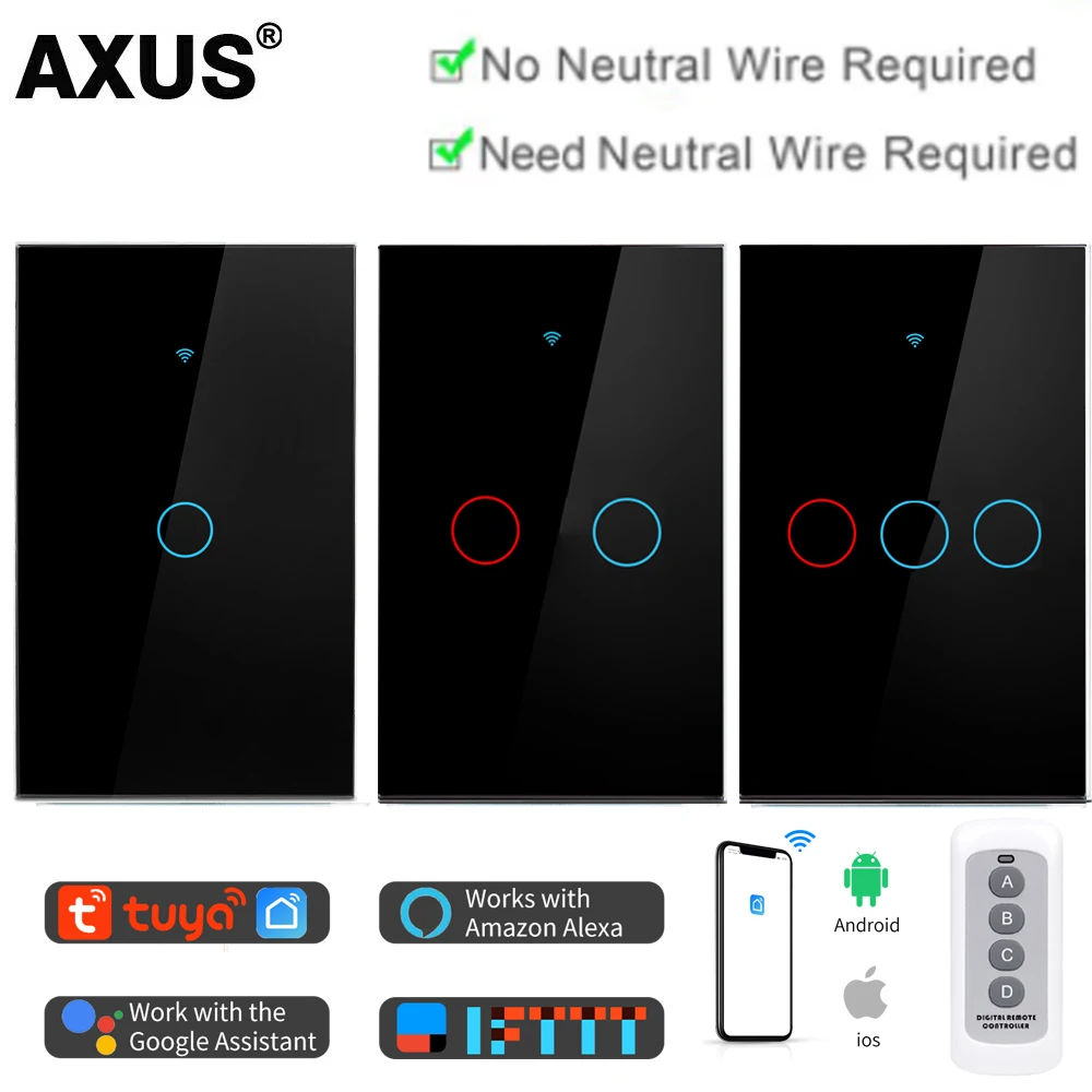 AXUS RF433 Fernbedienung Smart Life Support Alexa, Google Home Tuya WiFi Wall Touch Smart Lichtschalter mit Neutral/kein Neutral Image