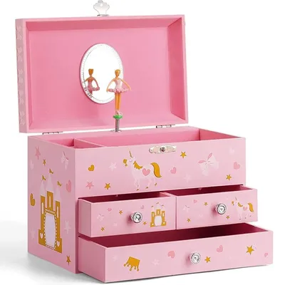 Vergrößerte Spieluhr mit drei Zeichnungen, Einhorn-Schloss, Prinzessin, Uhrwerk-Stil, für Mädchen Image