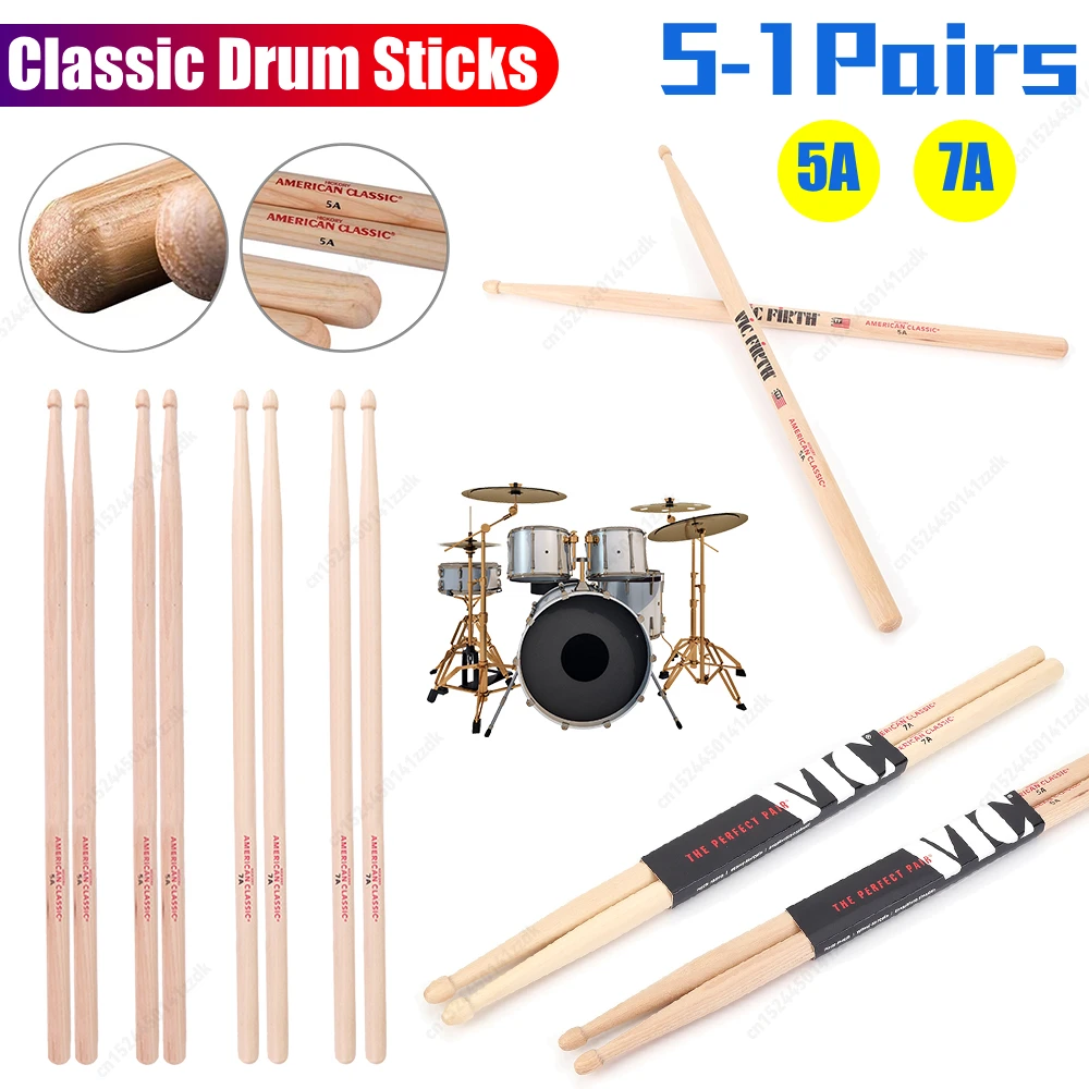 5–1 Paar Trommelstöcke, 5 A/7 A, American Hickory Drumsticks, gleichmäßiges Gewicht und Tonhöhe, klassische Trommelstöcke für akustische/elektronische Trommelstöcke Image