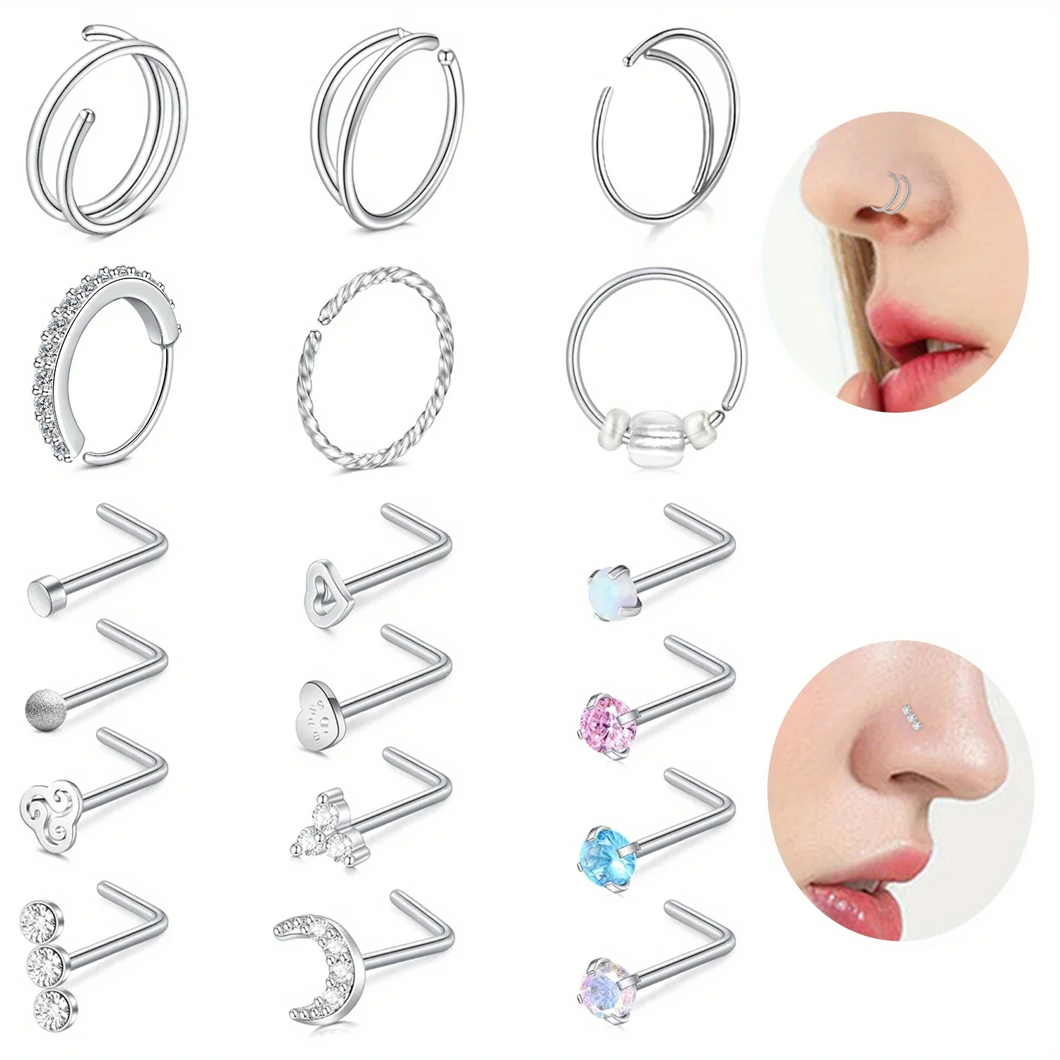 18-teiliges 20-G-Set aus Edelstahl mit Nasenringen und Ohrsteckern, elegante, niedliche Nasenpiercings mit synthetischem Zirkonia, Unisex-Reifenschmuck