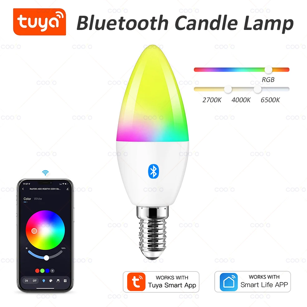 COOLO Tuya Smart Life E14 Bluetooth Smart Kandelaber Glühbirnen 5W RGB + CW LED Lampe AC 220V-240V Dimmbare Kristall Gruppe Lampen Image