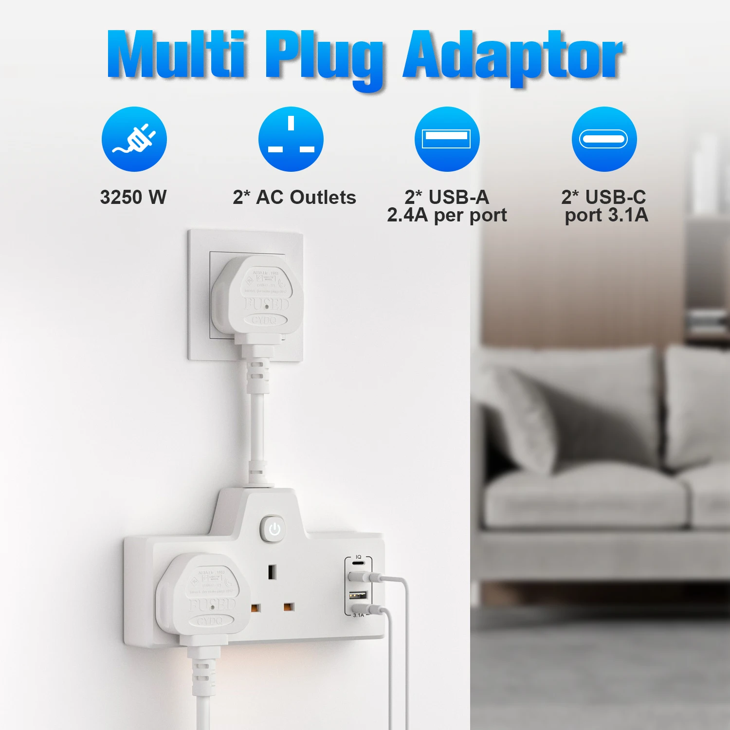 UK-Steckdosenleiste mit 2 USB-A, 2 Typ-C-Ladeanschlüssen, Netzteil, unten verstellbares Nachtlicht, geeignet für Zuhause und Reisen