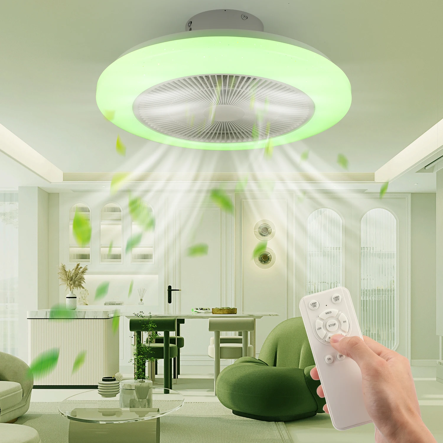 50W Bluetooth Musik RGB LED Deckenventilator mit Beleuchtung, LED-Deckenleuchte mit Ventilator, runde Sternenhimmel-Deckenleuchte, dimmbar