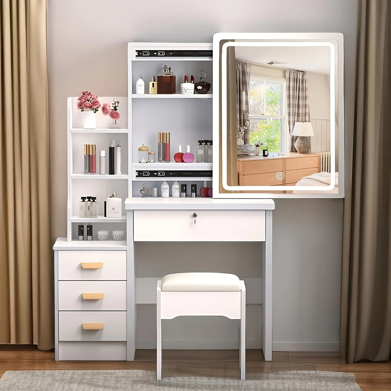 Schminktisch mit LED-Beleuchtung Spiegel,einstellbare Helligkeit, Schminktisch mit Hocker，Frisiertisch mit 4 Schubladen und 3 Ablagen, Modern Kosmetiktisch aus Holz, Weiß Image
